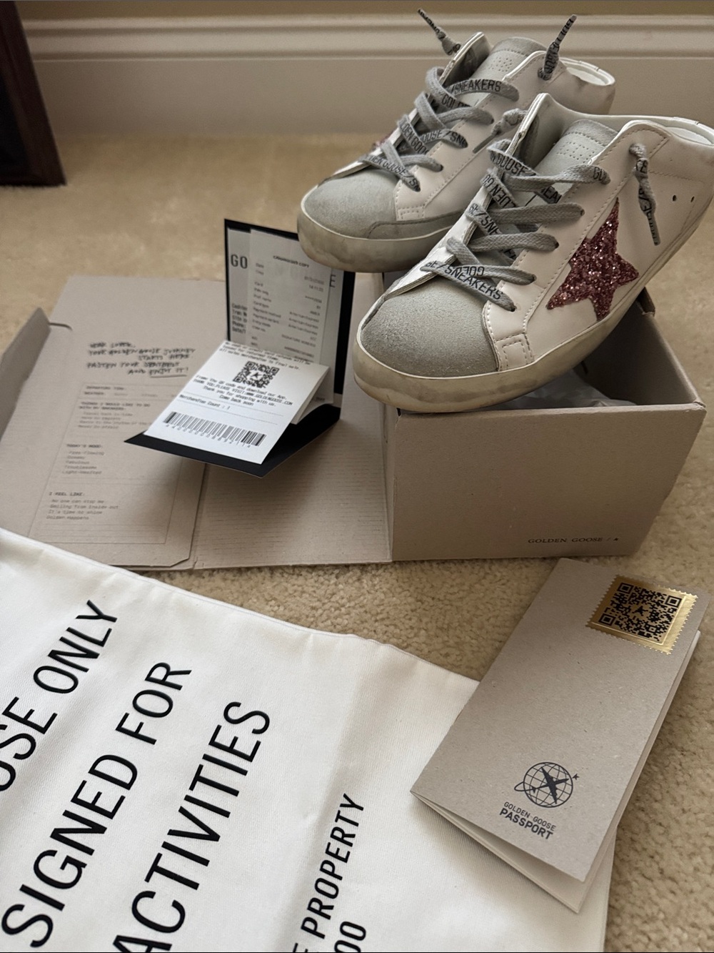 Golden Goose Super Star Sabot Mules Sneakers Wht w/ Pink Glitter Star 38